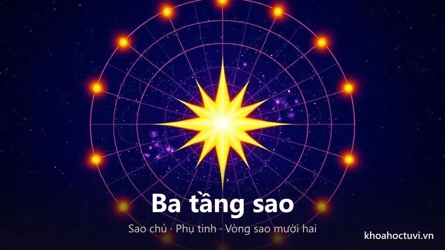 Một ngôi sao vàng lớn ở tâm, các đốm sáng nhỏ vây quanh và một vòng đèn hiệu bao ngoài cùng