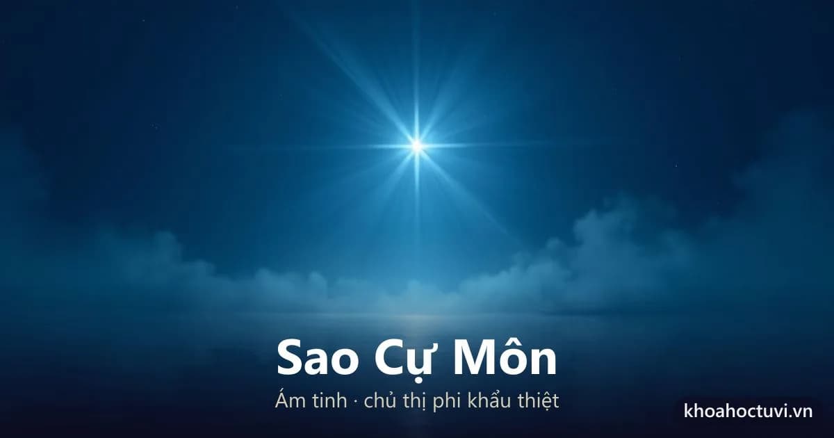 Sao Cự Môn — ám tinh hành Thủy, một ngôi sao xanh thẫm phát ánh lạnh sau một vầng mây mờ, phía dưới là mặt hồ tối phẳng lặng phản chiếu ánh sao