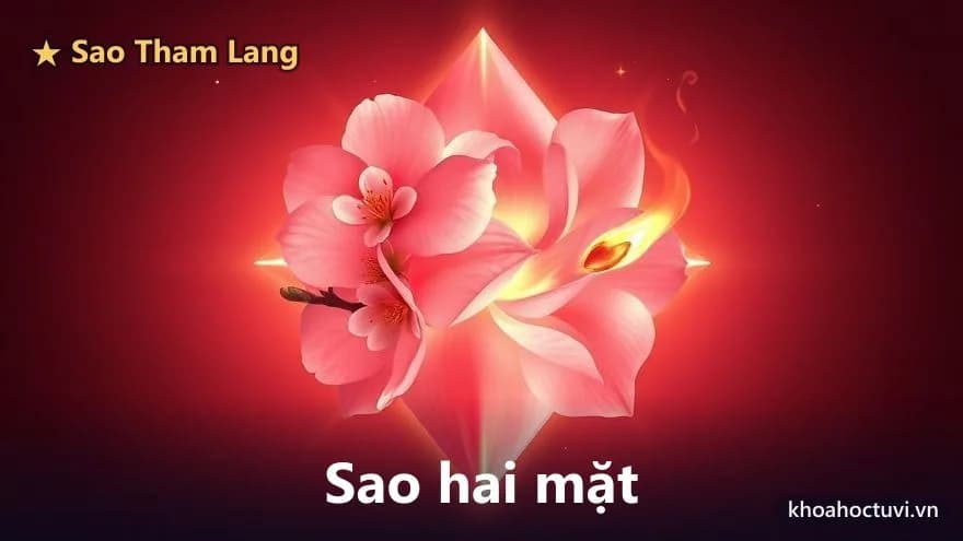 Một ngôi sao hồng chia đôi ánh sáng: nửa bên là nhành hoa đào nở rực, nửa bên là ngọn lửa nhỏ chực lan