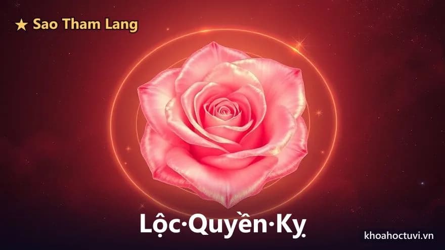 Một đóa hồng đào rực rỡ được một vòng sáng vàng ôm quanh trên nền trời đỏ thẫm lấp lánh, tượng cho sức hút đào hoa và các hóa của Tham Lang
