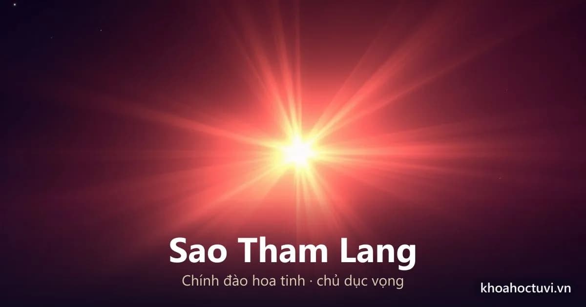 Sao Tham Lang — đào hoa tinh, một ngôi sao hồng ánh vàng rực rỡ giữa trời đêm, tia sáng lan tỏa mềm như cánh hoa quanh nó