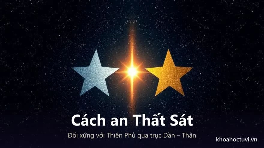 Hai ngôi sao bạc và vàng nằm đối xứng hai bên một trục sáng dọc giữa nền trời dày đặc sao
