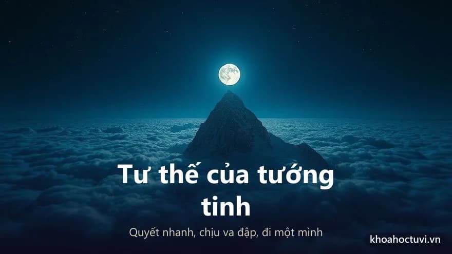 Một đỉnh núi đá nhọn duy nhất nhô lên trên biển mây đêm dưới ánh trăng lạnh, các đỉnh khác chìm trong bóng tối