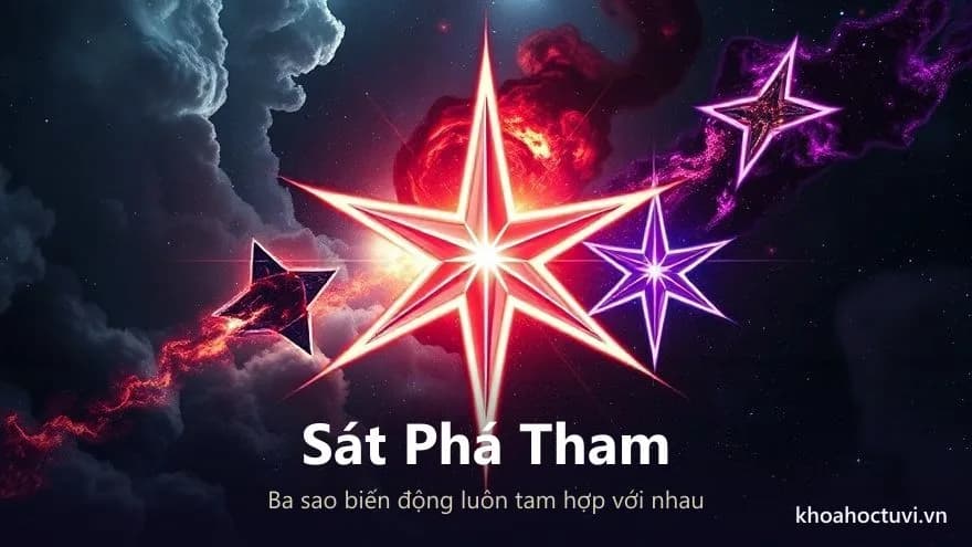 Ba ngôi sao màu thép, đỏ thẫm và tím nối nhau thành tam giác giữa vùng tinh vân cuộn xoáy