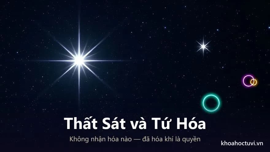 Một ngôi sao trắng bạc trần trụi không vòng sáng, bên phải là ba ngôi sao mang vòng tím, ngọc và hổ phách