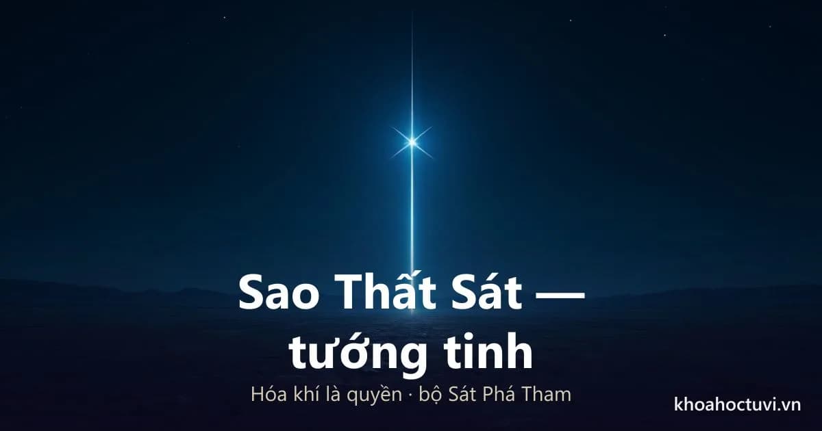 Sao Thất Sát — ngôi sao ánh thép lạnh giữa vòm trời đêm, tia sáng sắc như lưỡi kiếm, tông xanh thép và bạc