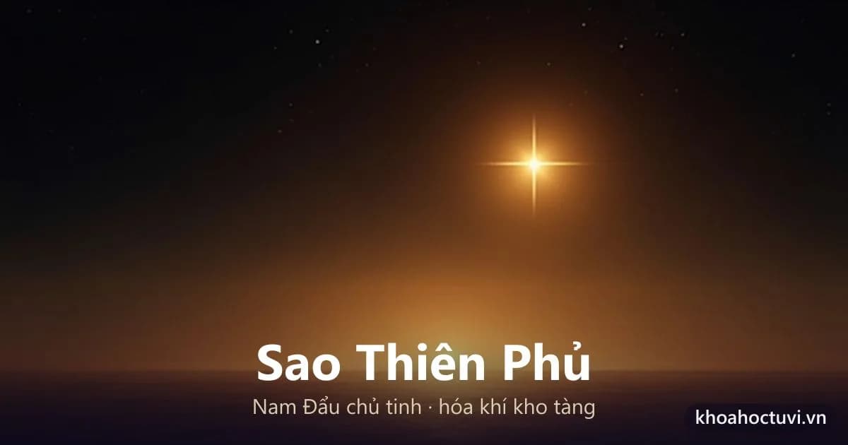 Sao Thiên Phủ — lệnh tinh hành Thổ, một ngôi sao vàng đất lớn tỏa sáng ấm trên nền trời đêm thẫm, phía dưới là đường chân trời phẳng