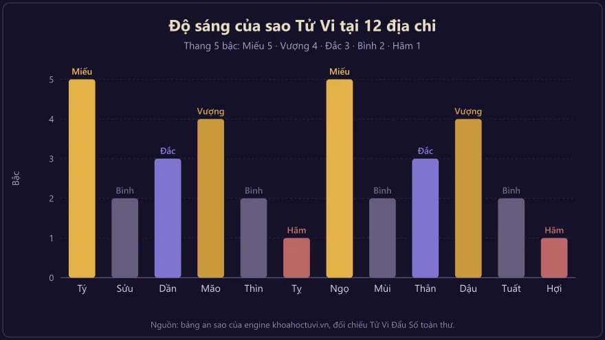 Biểu đồ cột độ sáng của sao Tử Vi tại 12 địa chi, cao nhất ở Tý và Ngọ, thấp nhất ở Tỵ và Hợi