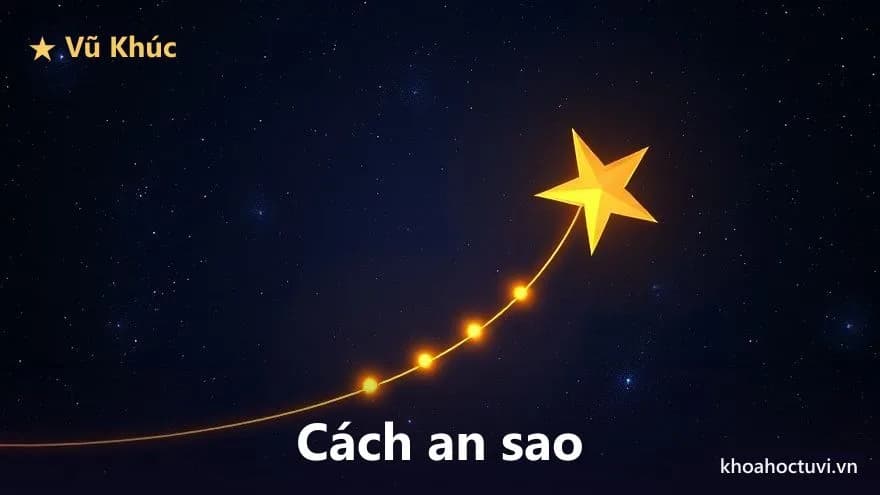 Một ngôi sao ánh kim và mười một đốm sáng xếp thành vòng trên nền trời, bốn bước sáng nối nó với một ngôi sao tím Tử Vi ở xa