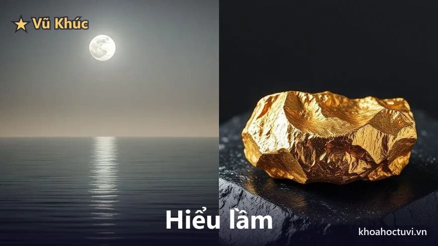 Bên trái là ánh trăng bạc dịu trên mặt nước, bên phải là một thỏi vàng kim loại sắc cạnh dưới ánh sáng gắt, tương phản mềm và cứng