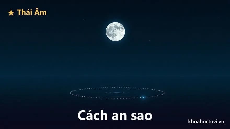 Một vầng trăng sáng và các đốm sáng nhỏ xếp thành vòng trên mặt nước đêm, một bước sáng nối trăng với một ngôi sao Thiên Phủ ở cạnh