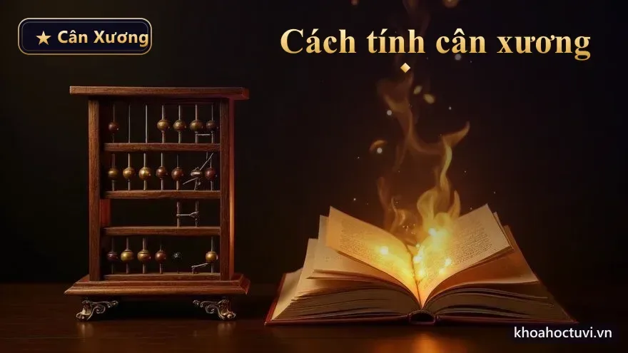 Bàn tính gỗ và quyển lịch âm phát sáng vàng kim với những con số bay lên trên nền vũ trụ — cách tính cân xương cộng bốn trọng lượng năm tháng ngày giờ