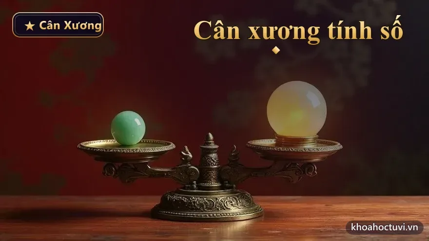 Chiếc cân đồng cổ nâng khối ngọc phát sáng vàng trên nền trời sao — cân xương tính số cân đo trọng lượng phúc phần của một đời người