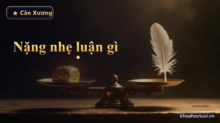 Chiếc cân thăng bằng cổ, một bên là thỏi vàng nặng một bên là chiếc lông vũ nhẹ, ánh sáng ấm áp trên nền vũ trụ — số lượng nặng nhẹ trong cân xương