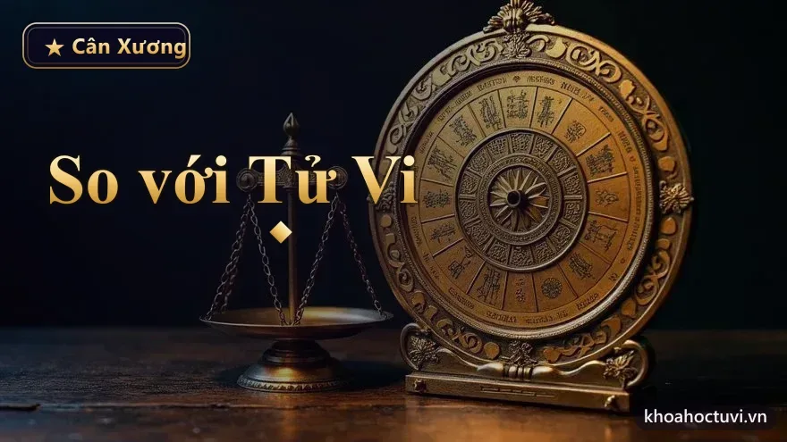 La bàn cổ và bản đồ sao 12 cung phát sáng đặt cạnh chiếc cân nhỏ trên nền trời đêm — cân xương là ảnh chụp nhanh còn tử vi là bản đồ chi tiết