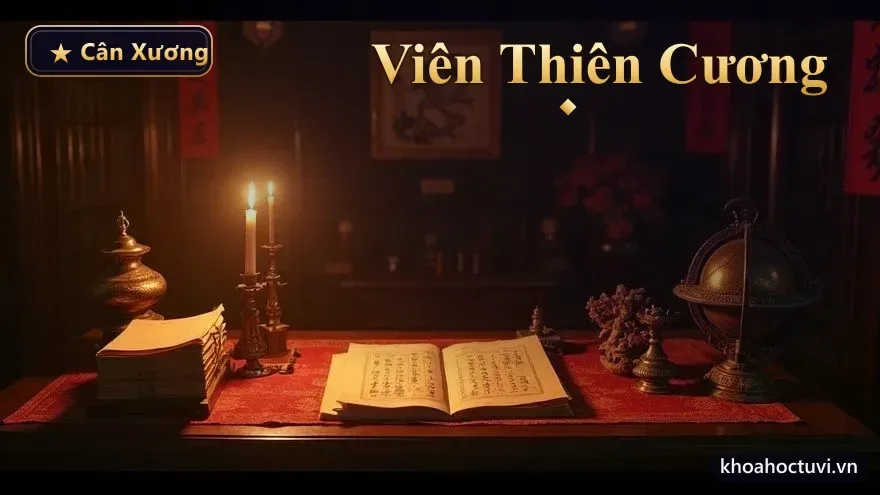 Cuộn thư pháp cổ, bút lông, đèn dầu và bản đồ sao trên bàn gỗ mun — bảng cân xương Viên Thiên Cương được lưu truyền qua nhiều đời