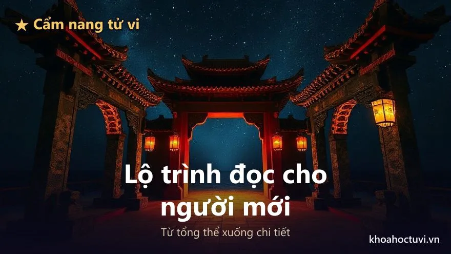 Cổng tam quan cổ kính thắp đèn lồng đỏ giữa đêm đầy sao, lối đi sáng dần dẫn xuyên qua các vòm cổng nối tiếp nhau
