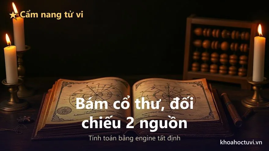 Sách cổ mở rộng bên bàn gỗ dưới ánh nến, các trang giấy ngả vàng phủ ký hiệu sao và bàn tính gỗ đặt cạnh