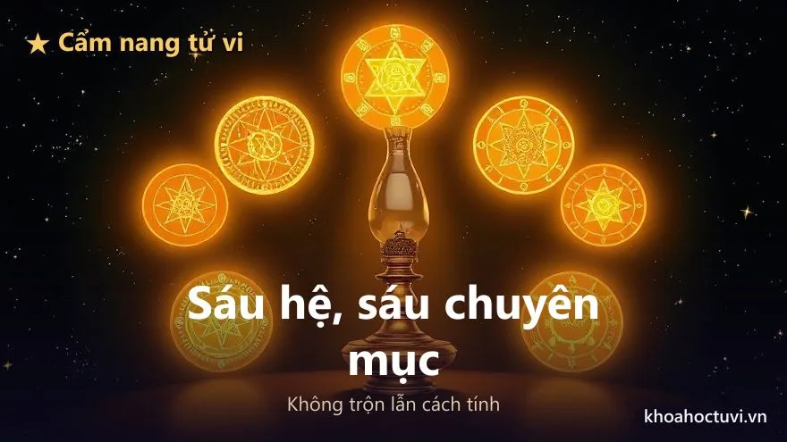 Sáu biểu tượng huyền học phát sáng vàng đồng xếp thành vòng quanh một ngọn đèn cổ giữa nền trời sao — cẩm nang tử vi và các hệ luận giải