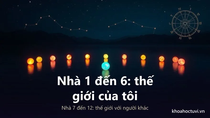 Mười hai quả cầu sáng nhiều màu xếp thành hàng nổi trên mặt hồ đêm phẳng lặng, mỗi quả in một vệt sáng riêng, minh họa mười hai lĩnh vực đời sống của 12 nhà trong chiêm tinh