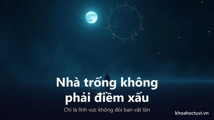 Bóng người nhỏ đứng lặng bên bờ biển đêm dưới ánh trăng sáng và vòng cung hoàng đạo mờ, minh họa ý niệm nhà trống trong bản đồ sao không phải điều xấu