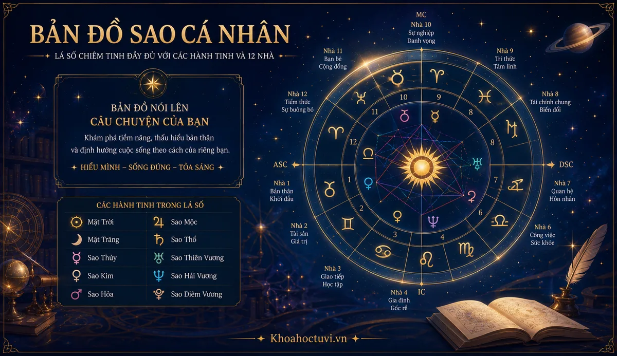 Bản đồ sao cá nhân — lá số chiêm tinh đầy đủ với 12 nhà và các hành tinh quanh vòng hoàng đạo