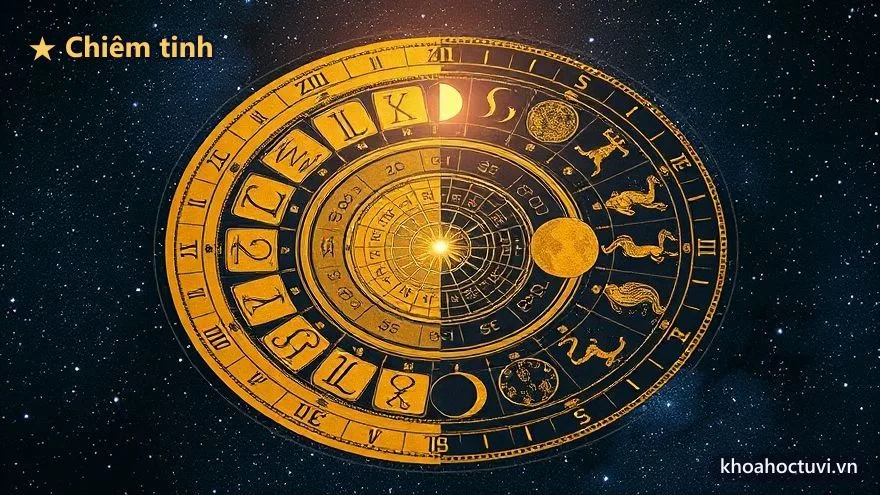 Bố cục đối xứng: một bên là vòng chòm sao Hoàng Đạo phương Tây màu vàng, một bên là tinh đồ phương Đông với nhị thập bát tú, gặp nhau giữa bầu trời sao