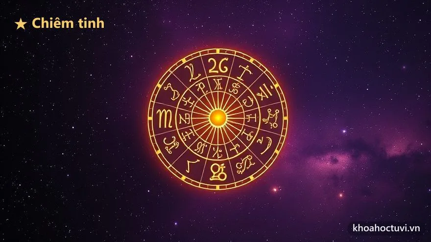 Vòng Hoàng Đạo phát sáng vàng kim với mười hai chòm sao xếp thành vòng tròn trên nền vũ trụ tím sao — biểu tượng của chiêm tinh học phương Tây