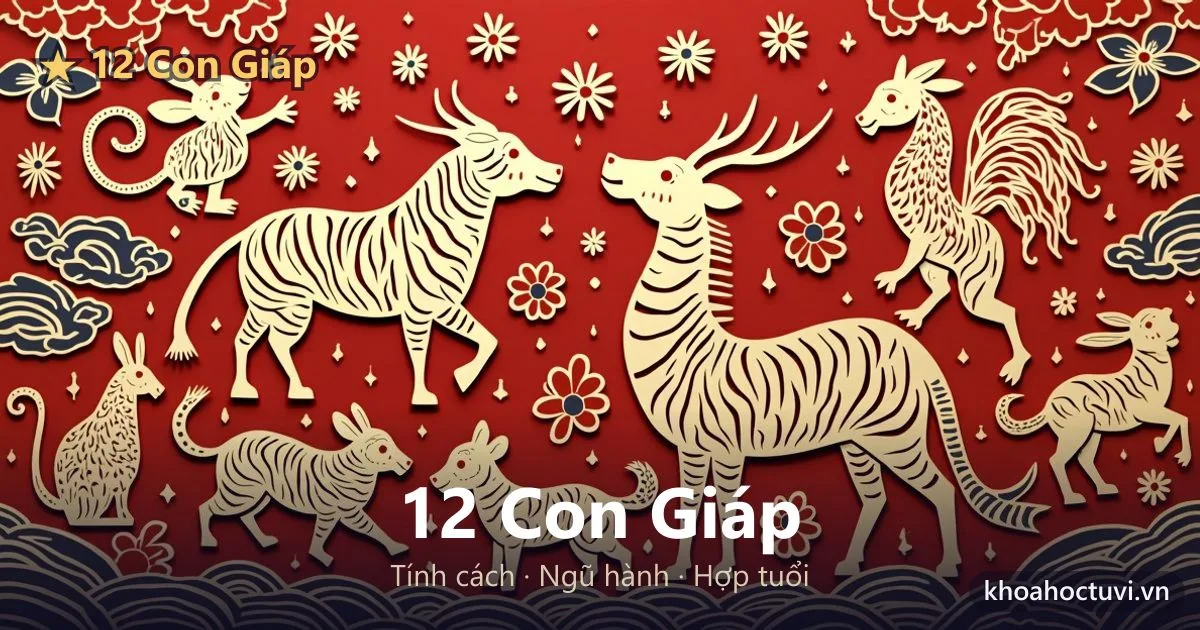 Tranh cắt giấy Á Đông 12 con giáp — chuột, trâu, hổ, mèo, rồng, rắn, ngựa, dê, khỉ, gà, chó, lợn — vàng kim trên nền đỏ