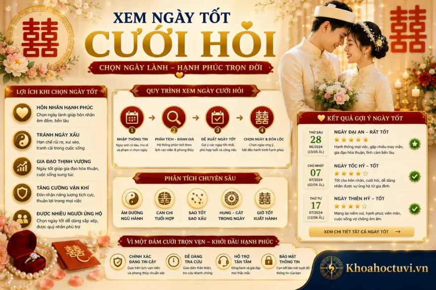 Phân tích can chi, hợp tuổi cô dâu chú rể và gợi ý ngày Đại An, Tốc Hỷ khi xem ngày cưới hỏi
