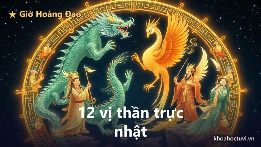 Minh họa 12 vị thần trực nhật với Thanh Long và Chu Tước, cỗ máy phân định giờ hoàng đạo và hắc đạo