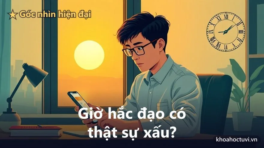 Người hiện đại bình tĩnh tra lịch chọn giờ trên điện thoại lúc bình minh, góc nhìn cân bằng về giờ hắc đạo