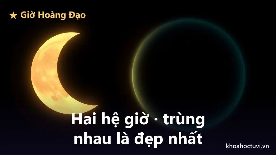Một vầng trăng lưỡi liềm vàng ấm chồng lấn lên một khối cầu màu xanh lam lạnh trên nền đêm, phần giao nhau giữa hai khối sáng rõ hơn hẳn