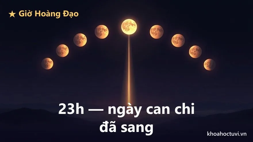 Một cột sáng dọc chia đôi phong cảnh đêm, nửa bên trái ngả tím thẫm còn nửa bên phải ngả xanh lạnh, phía trên là vòng cung các pha trăng