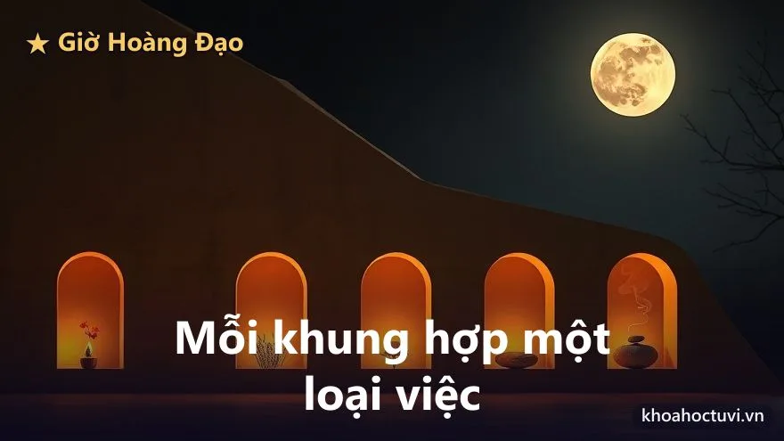 Sáu hốc vòm khoét vào vách đá đêm, mỗi hốc chứa một vật phát sáng khác nhau gồm ngọn lửa nhỏ, nhành hoa đào, chùm hạt lúa, viên đá cuội và làn khói hương