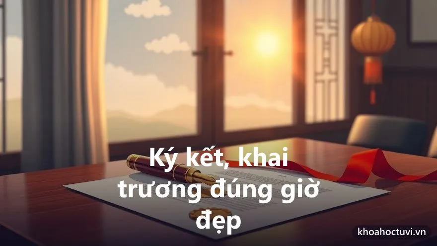 Bàn ký kết hợp đồng với bút và con dấu bên cửa sổ đón nắng sớm, chọn giờ hoàng đạo cho việc khai trương