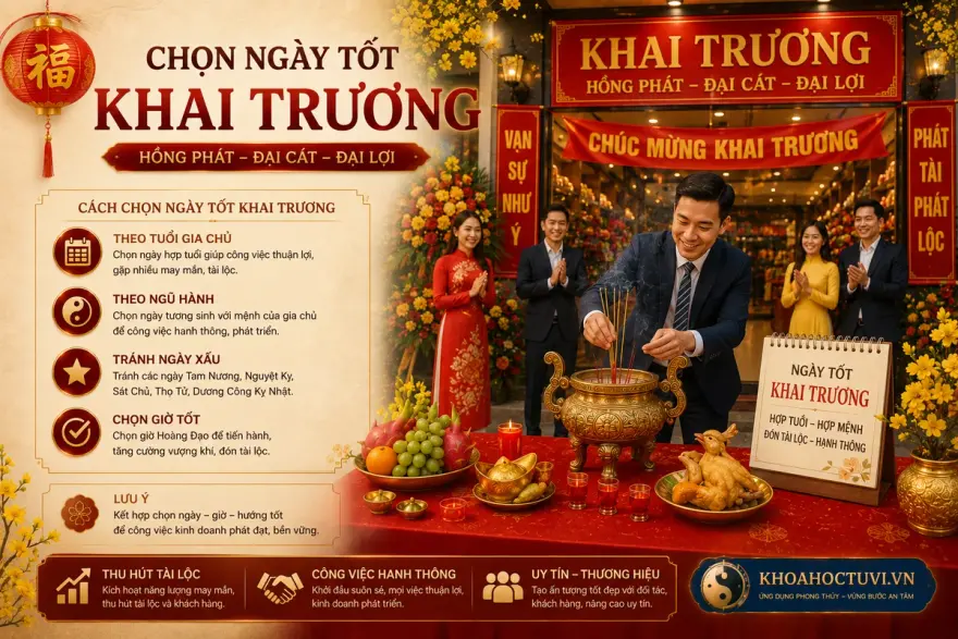 Các yếu tố chọn ngày khai trương: ngày Hoàng Đạo, Thập Nhị Trực, sao tốt và hợp tuổi chủ kinh doanh