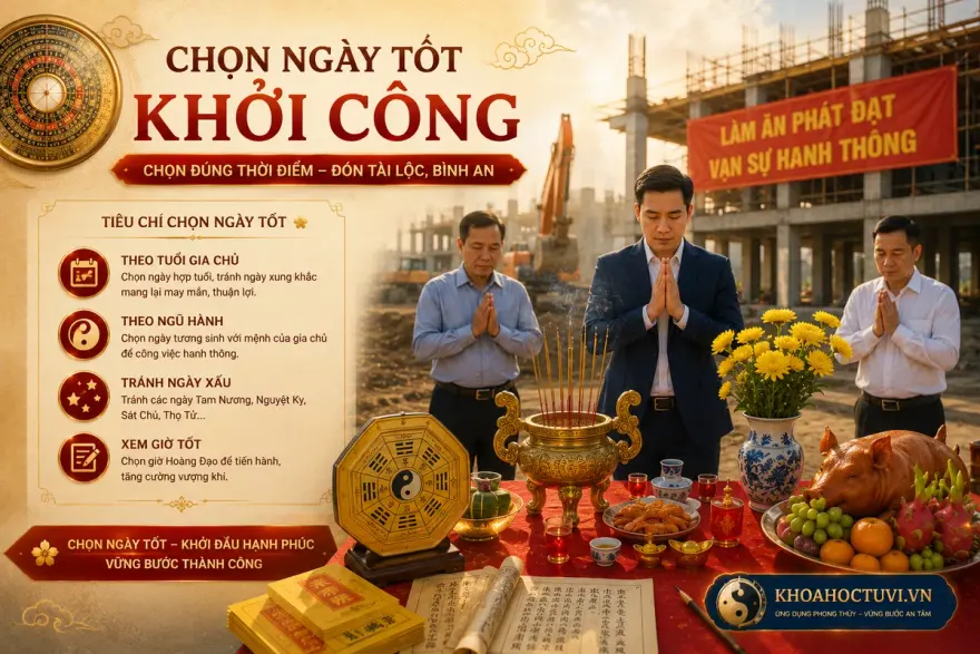 Các yếu tố chọn ngày khởi công: ngày Hoàng Đạo, Thập Nhị Trực và xem tuổi gia chủ (Kim Lâu, Hoang Ốc, Tam Tai)