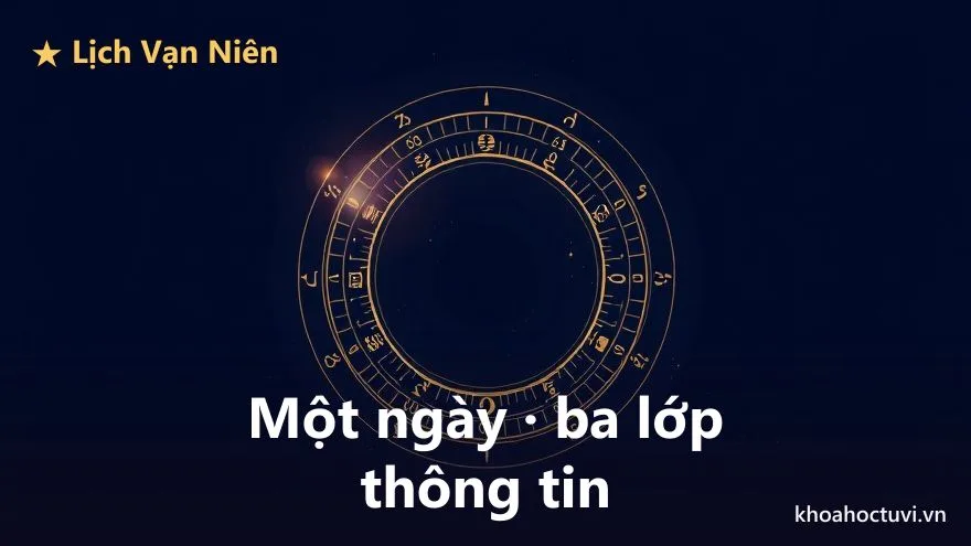Hai vòng lịch lồng nhau, vòng ngoài là ngày dương lịch, vòng trong là ngày âm lịch và can chi, nối với nhau bằng các tia sáng vàng