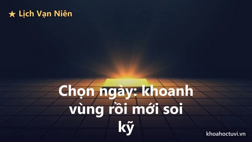 Một ô vuông phát sáng vàng kim được nâng lên khỏi lưới các ô mờ hơn, ánh sáng tỏa ra từ bên dưới, tượng trưng cho việc chọn ra ngày đẹp trong tháng