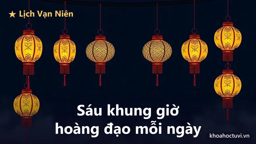 Mười hai chiếc đèn lồng phương Đông treo thành vòng trên nền đêm chàm, ánh sáng vàng ấm tỏa ra tượng trưng cho các khung giờ hoàng đạo trong ngày