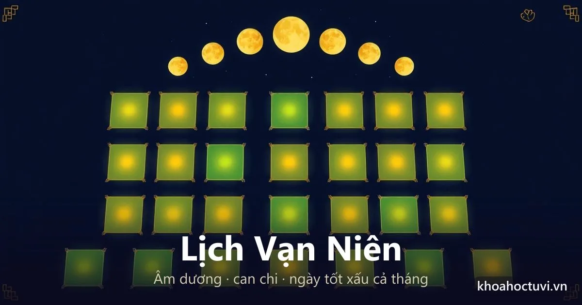 Lưới lịch vạn niên gồm các ô vuông phát sáng xanh ngọc và vàng hổ phách xếp thành hàng, phía trên là dải tuần trăng từ lưỡi liềm tới trăng tròn