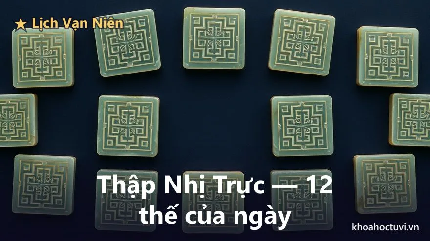 Mười hai phiến ngọc bích vuông xếp thành vòng tròn trên nền chàm, mỗi phiến khắc một hoa văn hình học khác nhau tượng trưng cho mười hai Trực