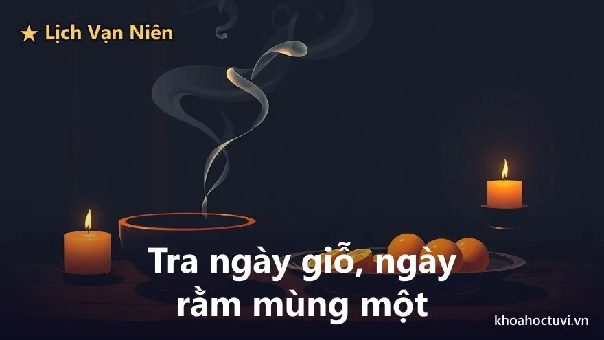 Bát hương với ba làn khói mỏng bay lên bên đĩa quả trên bàn thờ gia tiên bằng gỗ sẫm, hai ngọn nến vàng ấm soi trong bóng tối