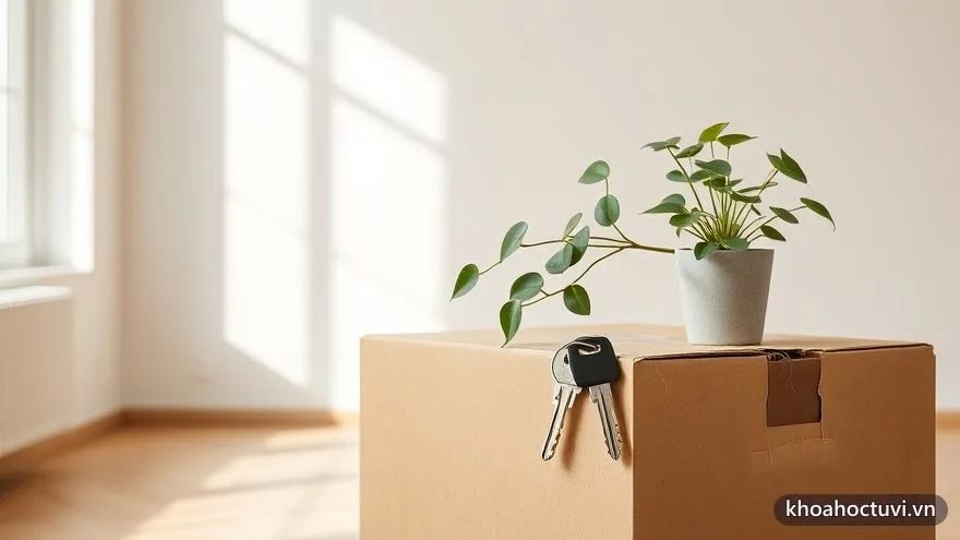 Chùm chìa khóa nhà và một chậu cây nhỏ đặt trên thùng chuyển nhà — nhắc cân nhắc ngày nhập trạch khi gặp Dương Công Kỵ Nhật