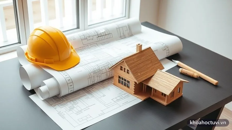Bàn làm việc của kiến trúc sư với bản vẽ, mũ bảo hộ và mô hình ngôi nhà, thể hiện cách chuẩn bị công trình bài bản