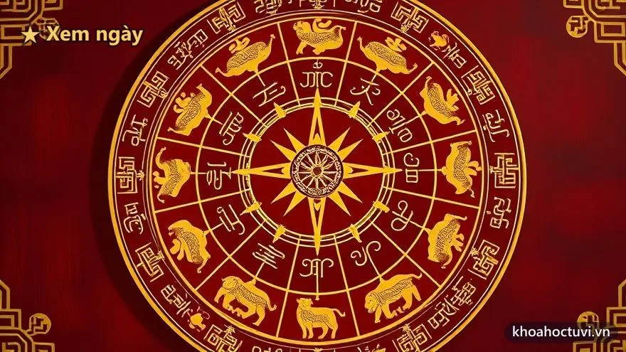 Bánh xe can chi phương Đông màu đỏ son và vàng kim, các vòng đồng tâm khắc Thiên Can, Địa Chi và 12 con giáp