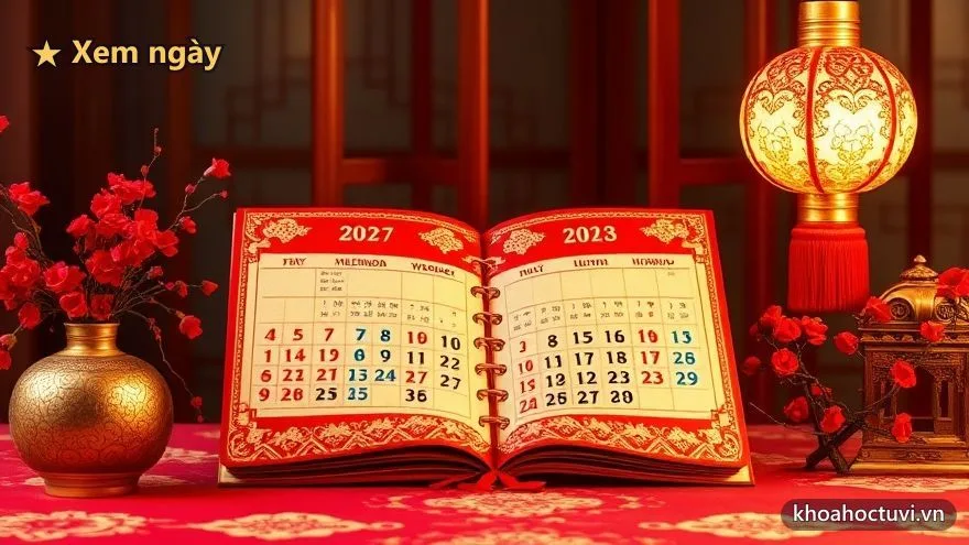 Cuốn lịch đỏ – vàng mở rộng bên đèn lồng và cành đào — chọn ngày lành cho cưới hỏi, nhập trạch và việc trọng đại