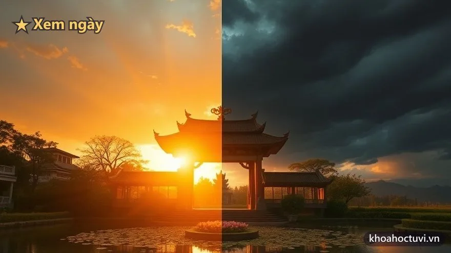 Bố cục đối lập: một nửa là bình minh vàng rực chiếu xuống cổng đền và ao sen, nửa kia là bầu trời giông tối — tượng trưng ngày Hoàng Đạo và ngày Hắc Đạo