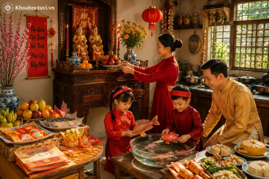 Mâm cúng ông Công ông Táo với cá chép và lễ vật